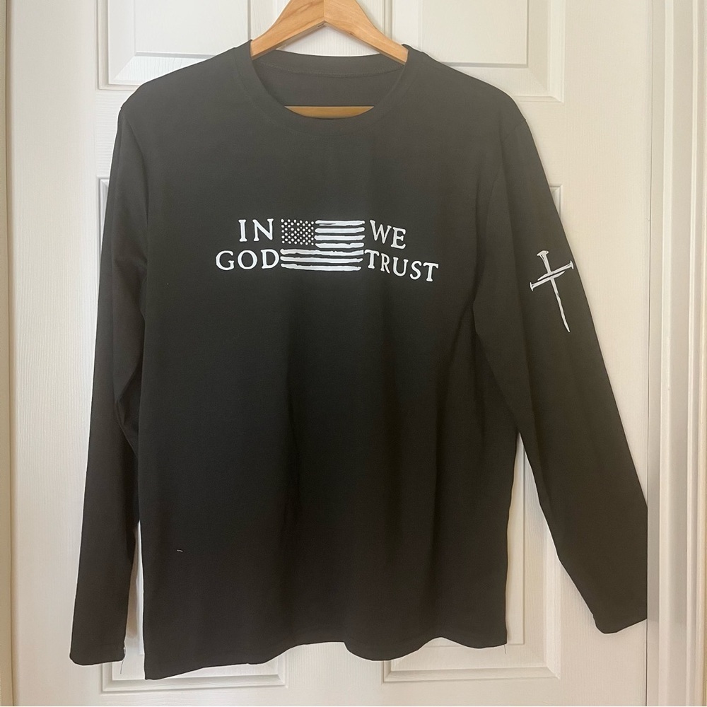 NWOT Black Long Sleeve Shirt with Patriotic Print and "IN GOD WE TRUST" Phrase M
